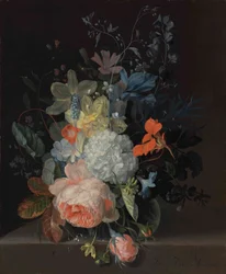 Vase mit Blumen auf einem Sims, mit einer Rose, einer Schneeballblume, Narzissen und Schwertlilien