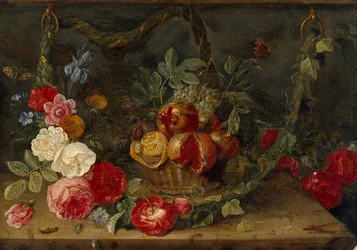 Dekorative Stilllebenkomposition mit einem Korb voller Früchte, Mitte 17. Jahrhundert