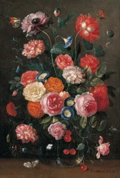Rosen, Nelken, Prunkwinde, eine Mohnblume und ein Kirschzweig in einer Glasvase, ein Mauerfuchs, ein Aurorafalter, ein Admiral und ein Magpie-Schmetterling auf einem Tisch, 1676