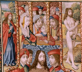 Flämischer Wandteppich. Serie Episoden aus dem Leben der Jungfrau. Die Prophezeiungen erfüllen sich bei der Geburt Christi. Erster Wandteppich in der Serie. Modelle zugeschrieben Jan von Roome (oder van B)