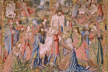 Flämischer Wandteppich. Serie Die Passion Christi: Abnahme vom Kreuz. Herstellung Pieter van Aelst. Kartonist Jan van Roome. Ca. 1507-1520. (Detail)