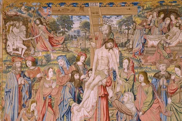 Flämischer Wandteppich. Serie Die Passion Christi: Abnahme vom Kreuz. Herstellung Pieter van Aelst. Kartonist Jan van Roome. Ca. 1507-1520. (Detail)