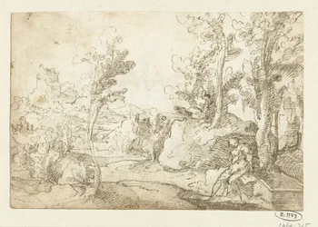 Landschaft mit einer Figur, die an einem Brunnen sitzt