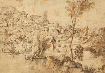 Landschaft mit Hirten an einem Fluss und einer Stadt im Hintergrund (recto); Figurenstudien und römische Ruinen (verso)