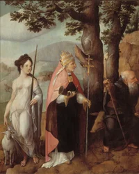Triptychon mit dem Einzug Christi in Jerusalem, Heiligen und auf den Außenseiten der Flügel, Patrone der Familie Van Lokhorst