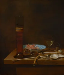 Stillleben mit Rauchutensilien und Krabben, 1657