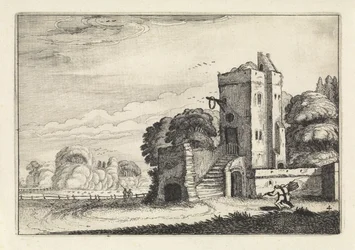Figuren mit einem Vogelkäfig bei einem Turm in einer Landschaft