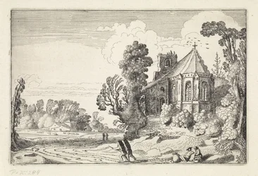 Figuren auf einem Landweg bei einer Kirchenruine
