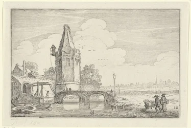 Landschaft mit einem Turm und einer Brücke über den Fluss Niers