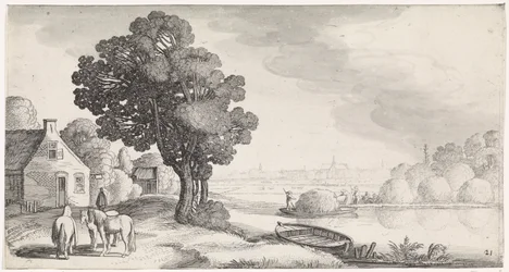 Heutransport auf einem Fluss mit Haarlem in der Ferne