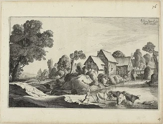Rinderherde an einer Furt in der Nähe einer Wassermühle
