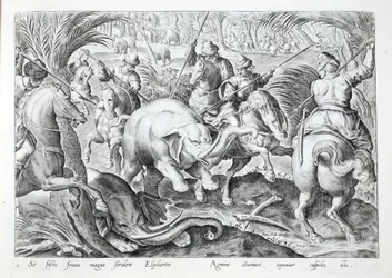 Elefanten machen großen Lärm, als sie von den Speeren der Jäger getroffen werden, Illustration aus 