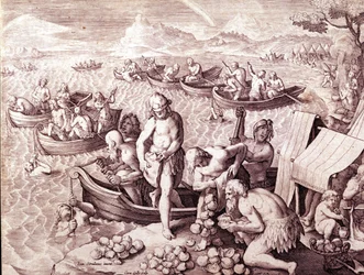 Austernfischerei. 17. Jahrhundert. Gravur von Giovanni Stradano (Jan Van Der Straet) (Johannes Stradanus) (1523-1605)