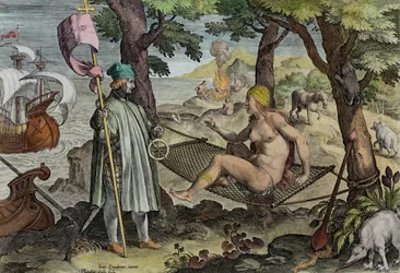 Vespucci entdeckt Amerika, Tafel 2 aus „Nova Reperta“ (Neue Entdeckungen), gestochen von Theodor Galle (1571-1633), ca. 1600 (spätere Kolorierung)