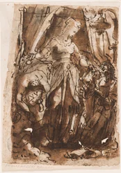 Recto: Judith mit dem Kopf des Holofernes; Verso, links: Judith mit dem Kopf des Holofernes; Verso, rechts: Vorentwurf für Titelseite der Druckserie Die sieben Tugenden