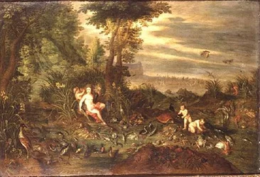 Eine Allegorie des Wassers: Eine Meeresnymphe an einem schilfigen Ufer mit Fischen, Muscheln und Vögeln in der Nähe, der Triumph von Amphitrite im Hintergrund