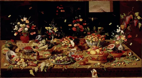 Stillleben mit Früchten und Blumen Tisch mit Feigen, Pflaumen, Granatäpfeln, Trauben, Pfirsichen. Kupfer Gemälde von Jan Van Kessel (1626-1679) Galleria Doria Pamphilj, Rom - Stillleben mit Blumen, Früchten und Tieren, von Jan Van Kessel (1626-79)