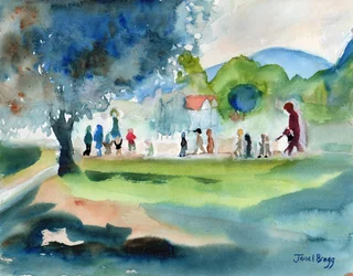 Montessori-Schule überquert die Straße