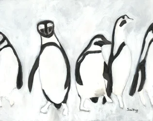 Pinguine im Woodland Park Zoo, um 2021 (Sumi-Tinte und Gesso auf Papier)