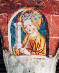 Hrastovlje Wehrkirche, Dreifaltigkeitskirche, Heilige Barbara, Detail aus Fresken von Janez Iz Kastva (1490), Slowenien