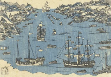 Bunkindo-Druck von ausländischen Schiffen im Hafen von Nagasaki, 1800-50