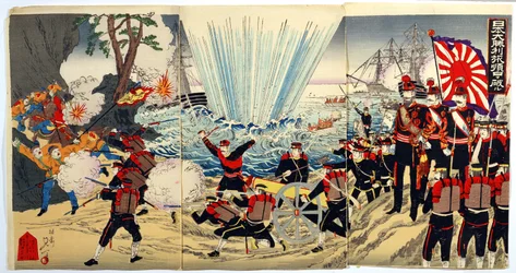 Küstenlandung japanischer Streitkräfte an chinesischen Ufern, eine Episode aus dem Chinesisch-Japanischen Krieg, späte 19. Jahrhundert