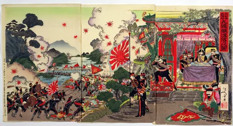 Kämpfe zwischen japanischen und chinesischen Truppen, beobachtet von einer Gruppe japanischer Offiziere, eine Episode aus dem Chinesisch-Japanischen Krieg, späte 19. Jahrhundert