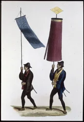 Japanische Soldaten mit Bannern, 1860 (Gravur)