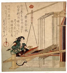 Japanische Frau mit ihrem Webstuhl, Druck Ende des 19. Jahrhunderts. Genua. Museo Chiossone