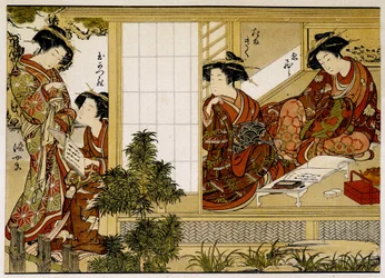 Japanische Frauen, die schreiben und lesen. Druck aus dem 18. Jahrhundert.