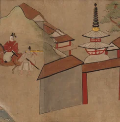 Mann reitet in der Nähe einer Pagode, Illustration aus dem 