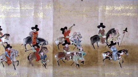 Sechste koreanische Gesandtschaft nach Japan im Meireki 1 zur Zeit der Nachfolge von Tokugawa Ietsuna im Jahr 1651, möglicherweise von Kano Masunobu (1625-94) (Detail)
