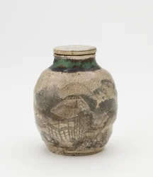 Teeblattkrug für Sencha, mit passendem Deckel, Kyoto-verwandte Ware, Teeblattkrug (Sencha Tsubo)