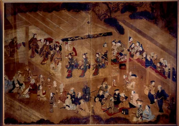 Kabuki-Theater: Schauspieler auf der Bühne; 18. Jahrhundert Japanischer Druck Paris, Guimet Museum, Nationalmuseum für Asiatische Kunst