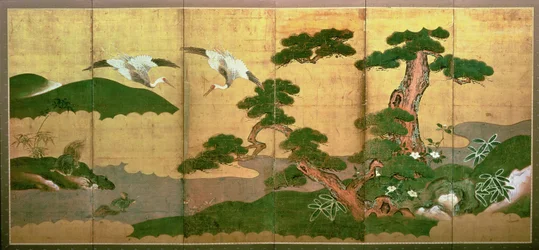 Zwei Kraniche tauchen hinter Kiefer und Felsen, Edo-Periode