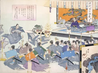 Warlord beobachtet Samurai, die ihre Roben erhalten, (möglicherweise Einführungs-/Abschlusszeremonie) aus einem Album von Holzschnitten des 19. Jahrhunderts