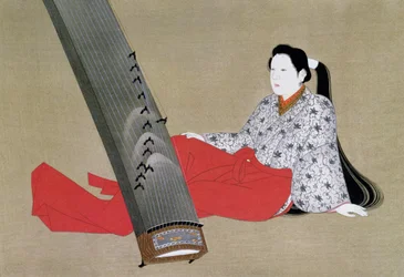 Frau spielt Koto, reproduziert in der Zeitschrift The Kokka, ca. 1896-97