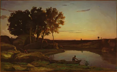Landschaft mit See und Bootsmann