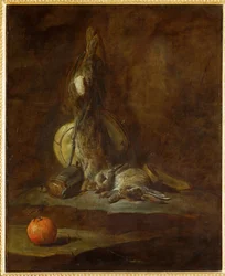 Zwei tote Hasen mit Jagdtasche, Pulverflasche und Orange