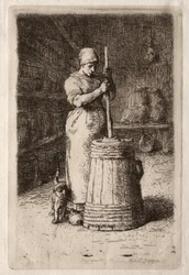 Eine Frau beim Buttern (Radierung)