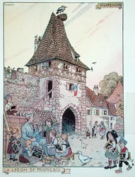 Ein französischer Soldat unterrichtet elsässische Kinder, die wieder französische Staatsbürger geworden sind, Illustration aus 