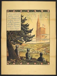 Ein Plakat, das drei französische Soldaten zeigt, die in der Ferne eine allegorische Kirche betrachten, in den Wolken von Licht erleuchtet. Ein kleines Gedicht von Victor Hugo in der oberen linken Ecke