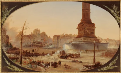 La Place de la Bastille und die Barrikade am Eingang des Faubourg Saint-Antoine, am 25. Juni 1848