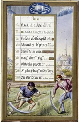 Kalender von Juni und Zeichen des Krebses - in den Stunden der Anne von Bretagne, von Jean Bourdichon