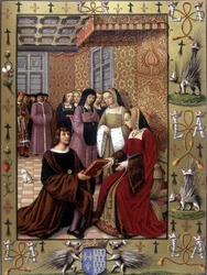 Jean Marot überreicht Königin Anne de Bretagne sein Buch „Die Reise nach Genua“. Nach einer Buchmalerei von Jean Bourdichon, um 1508