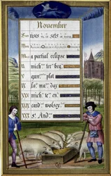November und Zeichen des Schützen: Schweinezucht - Faksimile der Stunden der Anne de Bretagne, von Jean Bourdichon
