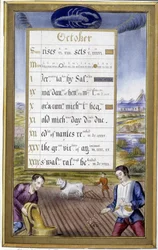 Oktober: Pflügen und Säen, Zeichen des Skorpions - in „Book of hours of Anne of Brittany“ von Jean Bourdichon