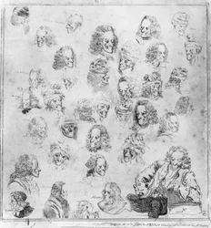 Verschiedene Melodien in 30 Voltaire-Köpfen. Porträts von François Marie Arouet, genannt Voltaire (1694-1778) "verschiedene Physiognomien von Voltaire". Radierung zugeschrieben Dominique Vivant-Denon nach Jean Huber. Musée Carnavalet