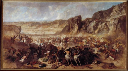 Episode des Rückzugs der Zehntausend (Illustration der Anabasis von Xenophon). Die Zehntausend sind griechische Söldner, die vom persischen Prinzen Kyros dem Jüngeren in seinem Kampf gegen seinen Bruder Artaxerxes II. angeworben wurden. Gemälde