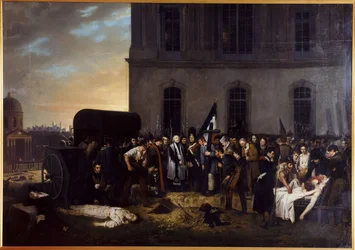 Vorübergehende Beerdigung der Opfer des Juli vor der Kolonnade des Louvre
